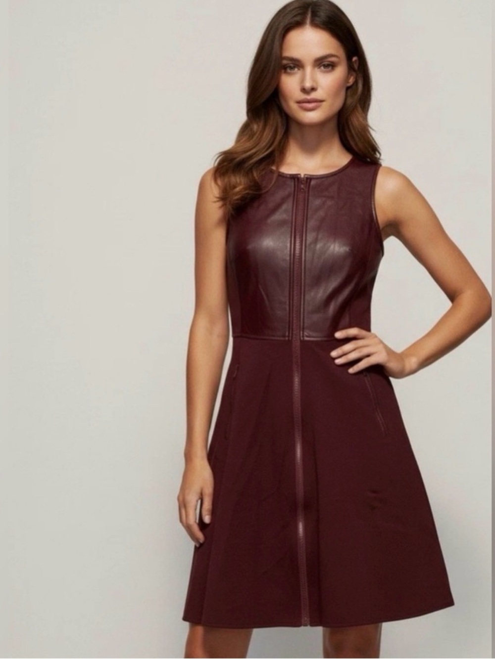 Tibi Burgundy Lamb Leather Ponte Knit Fit & Flare Dress Sz 6